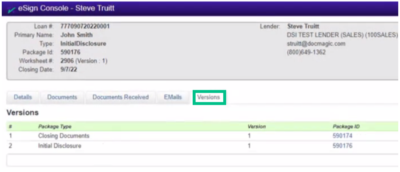Screenshot of the eSign Console - Versions Tab