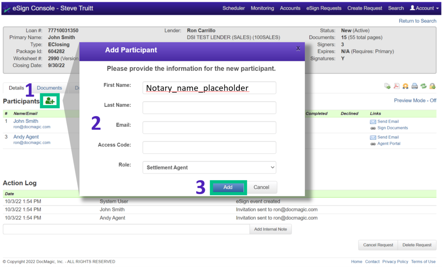 Screenshot of the eSign Console - Add Participants